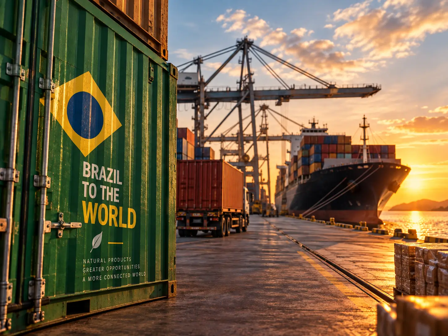 A Brazilian-flag shipping container on the quay, with a container ship loading at sunset